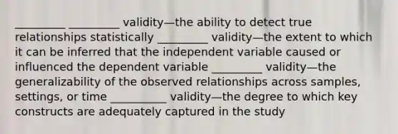 _________ _________ validity—the ability to detect true relationships statistically _________ validity—the extent to which it can be inferred that the independent variable caused or influenced the dependent variable _________ validity—the generalizability of the observed relationships across samples, settings, or time __________ validity—the degree to which key constructs are adequately captured in the study