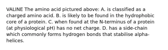 VALINE The amino acid pictured above: A. is classified as a charged amino acid. B. is likely to be found in the hydrophobic core of a protein. C. when found at the N-terminus of a protein (at physiological pH) has no net charge. D. has a side-chain which commonly forms hydrogen bonds that stabilise alpha-helices.