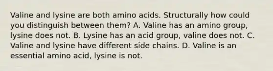 Valine and lysine are both amino acids. Structurally how could you distinguish between them? A. Valine has an amino group, lysine does not. B. Lysine has an acid group, valine does not. C. Valine and lysine have different side chains. D. Valine is an essential amino acid, lysine is not.