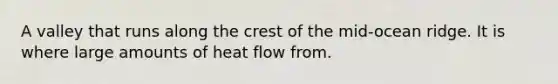 A valley that runs along the crest of the mid-ocean ridge. It is where large amounts of heat flow from.