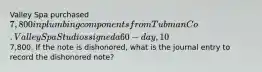 Valley Spa purchased 7,800 in plumbing components from Tubman Co. Valley Spa Studios signed a 60-day, 10% promissory note for7,800. If the note is dishonored, what is the journal entry to record the dishonored note?