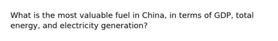 What is the most valuable fuel in China, in terms of GDP, total energy, and electricity generation?