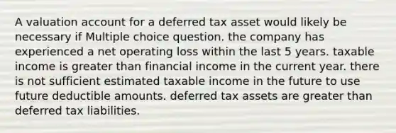 A valuation account for a deferred tax asset would likely be necessary if Multiple choice question. the company has experienced a net operating loss within the last 5 years. taxable income is greater than financial income in the current year. there is not sufficient estimated taxable income in the future to use future deductible amounts. deferred tax assets are greater than deferred tax liabilities.