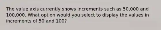 The value axis currently shows increments such as 50,000 and 100,000. What option would you select to display the values in increments of 50 and 100?