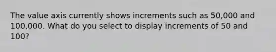 The value axis currently shows increments such as 50,000 and 100,000. What do you select to display increments of 50 and 100?