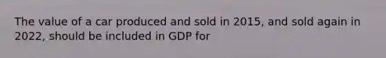 The value of a car produced and sold in 2015, and sold again in 2022, should be included in GDP for