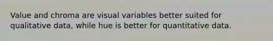 Value and chroma are visual variables better suited for qualitative data, while hue is better for quantitative data.