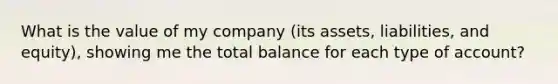 What is the value of my company (its assets, liabilities, and equity), showing me the total balance for each type of account?