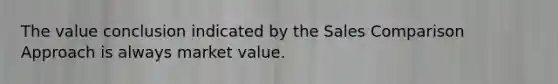 The value conclusion indicated by the Sales Comparison Approach is always market value.