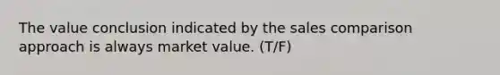 The value conclusion indicated by the sales comparison approach is always market value. (T/F)