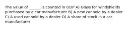 The value of ______ is counted in GDP A) Glass for windshields purchased by a car manufacturer B) A new car sold by a dealer C) A used car sold by a dealer D) A share of stock in a car manufacturer