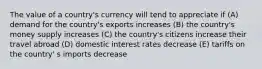 The value of a country's currency will tend to appreciate if (A) demand for the country's exports increases (B) the country's money supply increases (C) the country's citizens increase their travel abroad (D) domestic interest rates decrease (E) tariffs on the country' s imports decrease