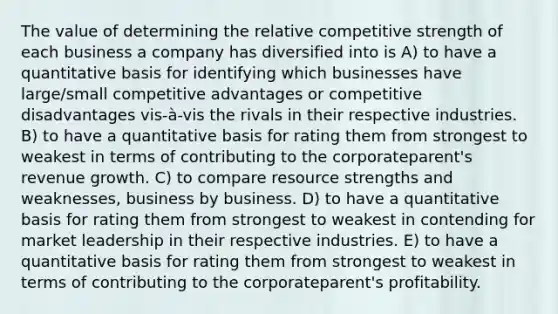 The value of determining the relative competitive strength of each business a company has diversified into is A) to have a quantitative basis for identifying which businesses have large/small competitive advantages or competitive disadvantages vis-à-vis the rivals in their respective industries. B) to have a quantitative basis for rating them from strongest to weakest in terms of contributing to the corporateparent's revenue growth. C) to compare resource strengths and weaknesses, business by business. D) to have a quantitative basis for rating them from strongest to weakest in contending for market leadership in their respective industries. E) to have a quantitative basis for rating them from strongest to weakest in terms of contributing to the corporateparent's profitability.