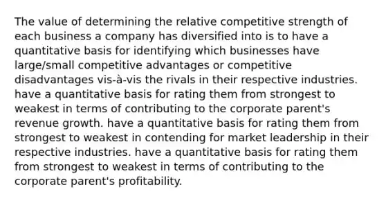 The value of determining the relative competitive strength of each business a company has diversified into is to have a quantitative basis for identifying which businesses have large/small competitive advantages or competitive disadvantages vis-à-vis the rivals in their respective industries. have a quantitative basis for rating them from strongest to weakest in terms of contributing to the corporate parent's revenue growth. have a quantitative basis for rating them from strongest to weakest in contending for market leadership in their respective industries. have a quantitative basis for rating them from strongest to weakest in terms of contributing to the corporate parent's profitability.