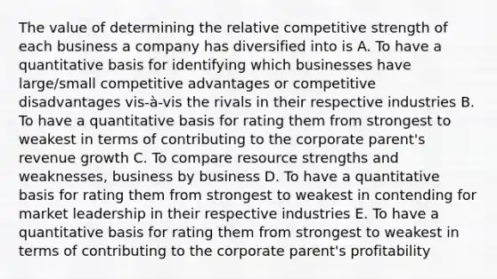 The value of determining the relative competitive strength of each business a company has diversified into is A. To have a quantitative basis for identifying which businesses have large/small competitive advantages or competitive disadvantages vis-à-vis the rivals in their respective industries B. To have a quantitative basis for rating them from strongest to weakest in terms of contributing to the corporate parent's revenue growth C. To compare resource strengths and weaknesses, business by business D. To have a quantitative basis for rating them from strongest to weakest in contending for market leadership in their respective industries E. To have a quantitative basis for rating them from strongest to weakest in terms of contributing to the corporate parent's profitability