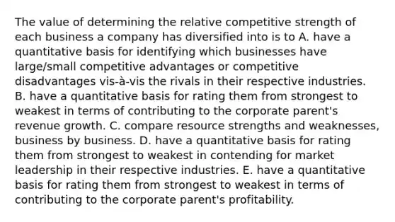 The value of determining the relative competitive strength of each business a company has diversified into is to A. have a quantitative basis for identifying which businesses have large/small competitive advantages or competitive disadvantages vis-à-vis the rivals in their respective industries. B. have a quantitative basis for rating them from strongest to weakest in terms of contributing to the corporate parent's revenue growth. C. compare resource strengths and weaknesses, business by business. D. have a quantitative basis for rating them from strongest to weakest in contending for market leadership in their respective industries. E. have a quantitative basis for rating them from strongest to weakest in terms of contributing to the corporate parent's profitability.