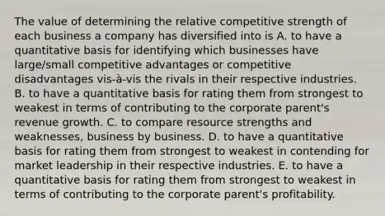 The value of determining the relative competitive strength of each business a company has diversified into is A. to have a quantitative basis for identifying which businesses have large/small competitive advantages or competitive disadvantages vis-à-vis the rivals in their respective industries. B. to have a quantitative basis for rating them from strongest to weakest in terms of contributing to the corporate parent's revenue growth. C. to compare resource strengths and weaknesses, business by business. D. to have a quantitative basis for rating them from strongest to weakest in contending for market leadership in their respective industries. E. to have a quantitative basis for rating them from strongest to weakest in terms of contributing to the corporate parent's profitability.