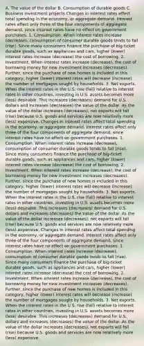 A. The value of the dollar B. Consumption of durable goods C. Business investment projects Changes in interest rates affect total spending in the​ economy, or aggregate demand. Interest rates affect only three of the four components of aggregate​ demand, since interest rates have no effect on government purchases. 1. Consumption. When interest rates increase​ (decrease), consumption of consumer durable goods tends to fall​ (rise). Since many consumers finance the purchase of​ big-ticket durable​ goods, such as appliances and​ cars, higher​ (lower) interest rates increase​ (decrease) the cost of borrowing. 2. Investment. When interest rates increase​ (decrease), the cost of borrowing money for new investment increases​ (decreases). Further, since the purchase of new homes is included in this​ category, higher​ (lower) interest rates will decrease​ (increase) the number of mortgages sought by households. 3. Net exports. When the interest rates in the U.S. rise​ (fall) relative to interest rates in other​ countries, investing in U.S. assets becomes more​ (less) desirable. This increases​ (decreases) demand for U.S. dollars and increases​ (decreases) the value of the dollar. As the value of the dollar increases​ (decreases), net exports will fall​ (rise) because U.S. goods and services are now relatively more​ (less) expensive. Changes in interest rates affect total spending in the​ economy, or aggregate demand. Interest rates affect only three of the four components of aggregate​ demand, since interest rates have no effect on government purchases. 1. Consumption. When interest rates increase​ (decrease), consumption of consumer durable goods tends to fall​ (rise). Since many consumers finance the purchase of​ big-ticket durable​ goods, such as appliances and​ cars, higher​ (lower) interest rates increase​ (decrease) the cost of borrowing. 2. Investment. When interest rates increase​ (decrease), the cost of borrowing money for new investment increases​ (decreases). Further, since the purchase of new homes is included in this​ category, higher​ (lower) interest rates will decrease​ (increase) the number of mortgages sought by households. 3. Net exports. When the interest rates in the U.S. rise​ (fall) relative to interest rates in other​ countries, investing in U.S. assets becomes more​ (less) desirable. This increases​ (decreases) demand for U.S. dollars and increases​ (decreases) the value of the dollar. As the value of the dollar increases​ (decreases), net exports will fall​ (rise) because U.S. goods and services are now relatively more​ (less) expensive. Changes in interest rates affect total spending in the​ economy, or aggregate demand. Interest rates affect only three of the four components of aggregate​ demand, since interest rates have no effect on government purchases. 1. Consumption. When interest rates increase​ (decrease), consumption of consumer durable goods tends to fall​ (rise). Since many consumers finance the purchase of​ big-ticket durable​ goods, such as appliances and​ cars, higher​ (lower) interest rates increase​ (decrease) the cost of borrowing. 2. Investment. When interest rates increase​ (decrease), the cost of borrowing money for new investment increases​ (decreases). Further, since the purchase of new homes is included in this​ category, higher​ (lower) interest rates will decrease​ (increase) the number of mortgages sought by households. 3. Net exports. When the interest rates in the U.S. rise​ (fall) relative to interest rates in other​ countries, investing in U.S. assets becomes more​ (less) desirable. This increases​ (decreases) demand for U.S. dollars and increases​ (decreases) the value of the dollar. As the value of the dollar increases​ (decreases), net exports will fall​ (rise) because U.S. goods and services are now relatively more​ (less) expensive.