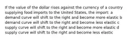 If the value of the dollar rises against the currency of a country supplying food imports to the United States, the import: a demand curve will shift to the right and become more elastic b demand curve will shift to the right and become less elastic c supply curve will shift to the right and become more elastic d supply curve will shift to the right and become less elastic