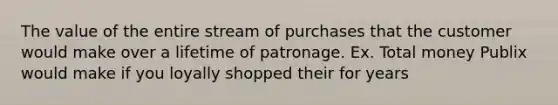 The value of the entire stream of purchases that the customer would make over a lifetime of patronage. Ex. Total money Publix would make if you loyally shopped their for years