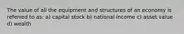 The value of all the equipment and structures of an economy is referred to as: a) capital stock b) national income c) asset value d) wealth