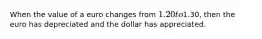 When the value of a euro changes from 1.20 to1.30, then the euro has depreciated and the dollar has appreciated.