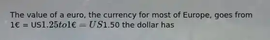 The value of a euro, the currency for most of Europe, goes from 1€ = US1.25 to 1€ = US1.50 the dollar has