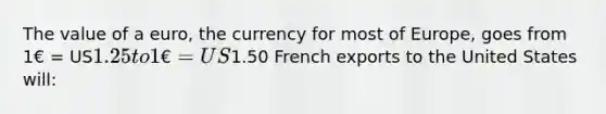 The value of a euro, the currency for most of Europe, goes from 1€ = US1.25 to 1€ = US1.50 French exports to the United States will: