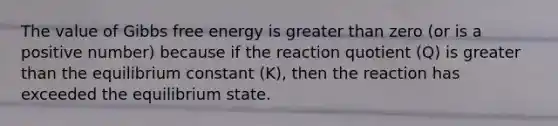 The value of Gibbs free energy is greater than zero (or is a positive number) because if the reaction quotient (Q) is greater than the equilibrium constant (K), then the reaction has exceeded the equilibrium state.