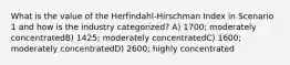 What is the value of the Herfindahl-Hirschman Index in Scenario 1 and how is the industry categorized? A) 1700; moderately concentratedB) 1425; moderately concentratedC) 1600; moderately concentratedD) 2600; highly concentrated