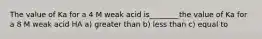 The value of Ka for a 4 M weak acid is________the value of Ka for a 8 M weak acid HA a) greater than b) less than c) equal to