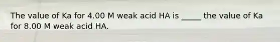 The value of Ka for 4.00 M weak acid HA is _____ the value of Ka for 8.00 M weak acid HA.