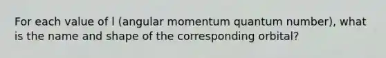 For each value of l (angular momentum quantum number), what is the name and shape of the corresponding orbital?