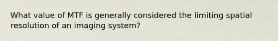 What value of MTF is generally considered the limiting spatial resolution of an imaging system?