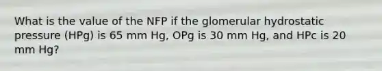 What is the value of the NFP if the glomerular hydrostatic pressure (HPg) is 65 mm Hg, OPg is 30 mm Hg, and HPc is 20 mm Hg?