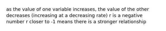 as the value of one variable increases, the value of the other decreases (increasing at a decreasing rate) r is a negative number r closer to -1 means there is a stronger relationship