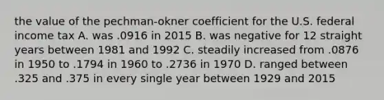 the value of the pechman-okner coefficient for the U.S. federal income tax A. was .0916 in 2015 B. was negative for 12 straight years between 1981 and 1992 C. steadily increased from .0876 in 1950 to .1794 in 1960 to .2736 in 1970 D. ranged between .325 and .375 in every single year between 1929 and 2015