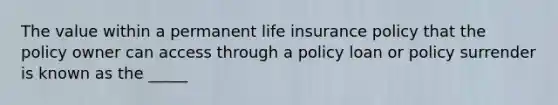 The value within a permanent life insurance policy that the policy owner can access through a policy loan or policy surrender is known as the _____