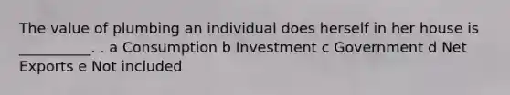 The value of plumbing an individual does herself in her house is __________. . a Consumption b Investment c Government d Net Exports e Not included