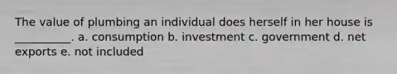 The value of plumbing an individual does herself in her house is __________. a. consumption b. investment c. government d. net exports e. not included