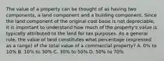 The value of a property can be thought of as having two components, a land component and a building component. Since the land component of the original cost basis is not depreciable, it is important to understand how much of the property's value is typically attributed to the land for tax purposes. As a general rule, the value of land constitutes what percentage (expressed as a range) of the total value of a commercial property? A. 0% to 10% B. 10% to 30% C. 30% to 50% D. 50% to 70%