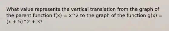 What value represents the vertical translation from the graph of the parent function f(x) = x^2 to the graph of the function g(x) = (x + 5)^2 + 3?