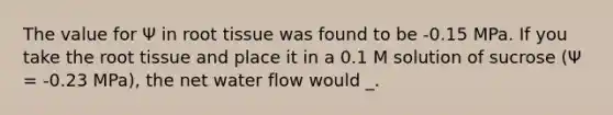 The value for Ψ in root tissue was found to be -0.15 MPa. If you take the root tissue and place it in a 0.1 M solution of sucrose (Ψ = -0.23 MPa), the net water flow would _.