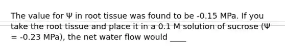 The value for Ψ in root tissue was found to be -0.15 MPa. If you take the root tissue and place it in a 0.1 M solution of sucrose (Ψ = -0.23 MPa), the net water flow would ____