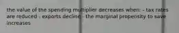 the value of the spending multiplier decreases when: - tax rates are reduced - exports decline - the marginal propensity to save increases