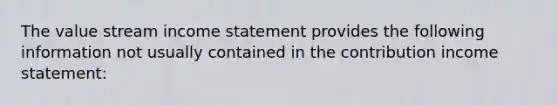 The value stream <a href='https://www.questionai.com/knowledge/kCPMsnOwdm-income-statement' class='anchor-knowledge'>income statement</a> provides the following information not usually contained in the contribution income statement: