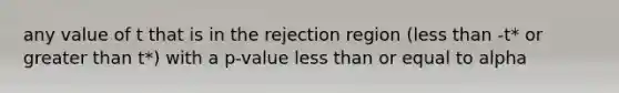 any value of t that is in the rejection region (<a href='https://www.questionai.com/knowledge/k7BtlYpAMX-less-than' class='anchor-knowledge'>less than</a> -t* or <a href='https://www.questionai.com/knowledge/ktgHnBD4o3-greater-than' class='anchor-knowledge'>greater than</a> t*) with a p-value less than or equal to alpha