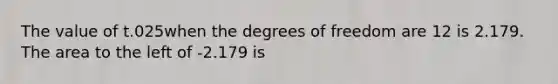 The value of t.025when the degrees of freedom are 12 is 2.179. The area to the left of -2.179 is