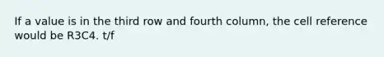 If a value is in the third row and fourth column, the cell reference would be R3C4. t/f