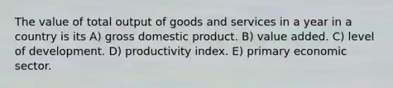 The value of total output of goods and services in a year in a country is its A) gross domestic product. B) value added. C) level of development. D) productivity index. E) primary economic sector.